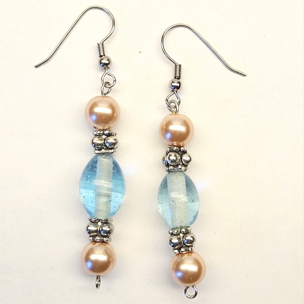 Blue Glass and Faux Pearl Beaded Earrings